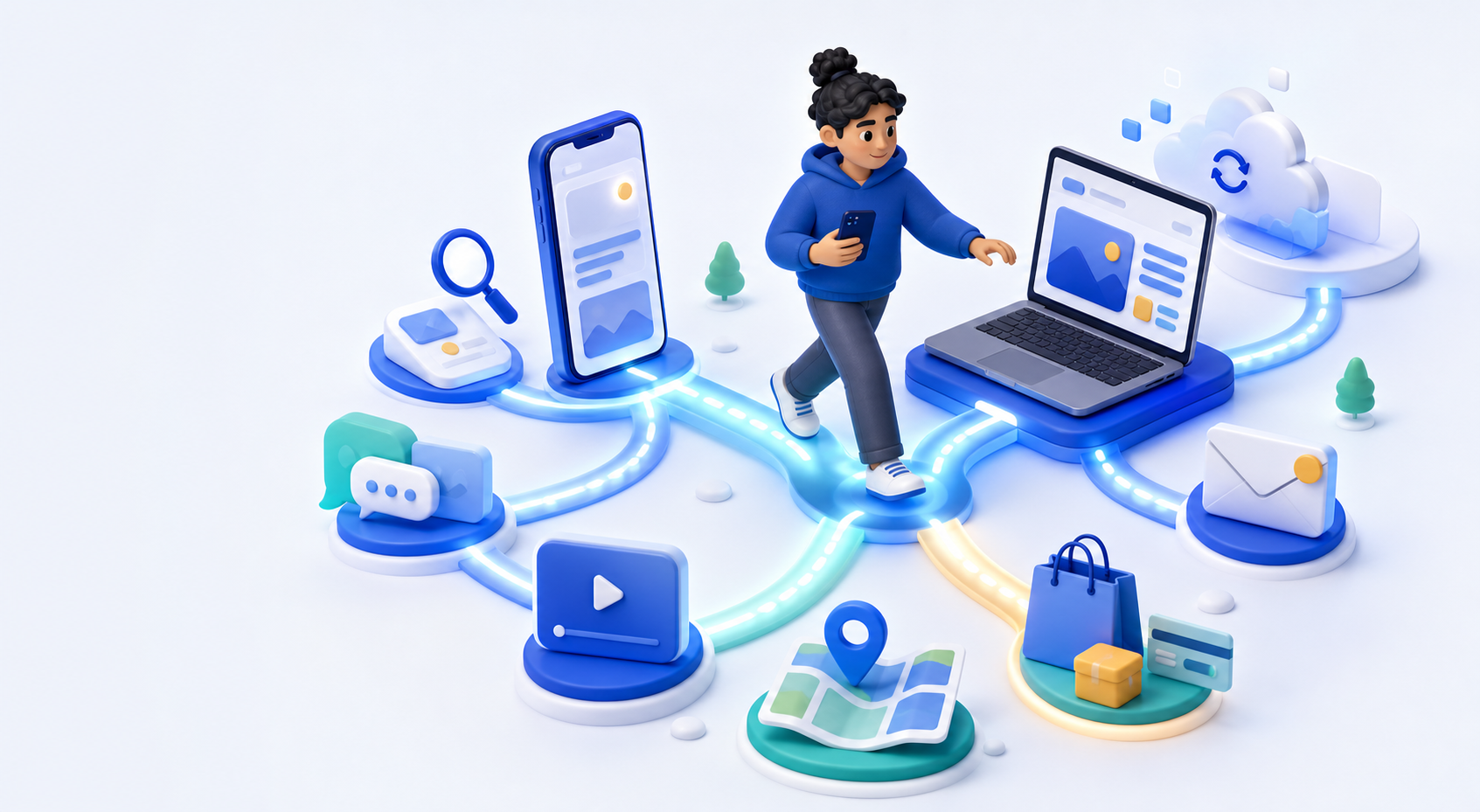 Spielerische dreidimensionale Illustration eines fiktiven Internetnutzers zwischen verbundenen Pfaden für Suche, Messenger, Video, Karten, Shopping und E-Mail.